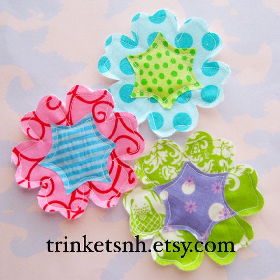 Sewn Fabric Petal Flowers Applique Set of Three by trinketsnh