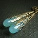 Aqua Chalcedony Earrings on Brass . Long Wirewrapped Briolette Art Nouveau . Summer Rain