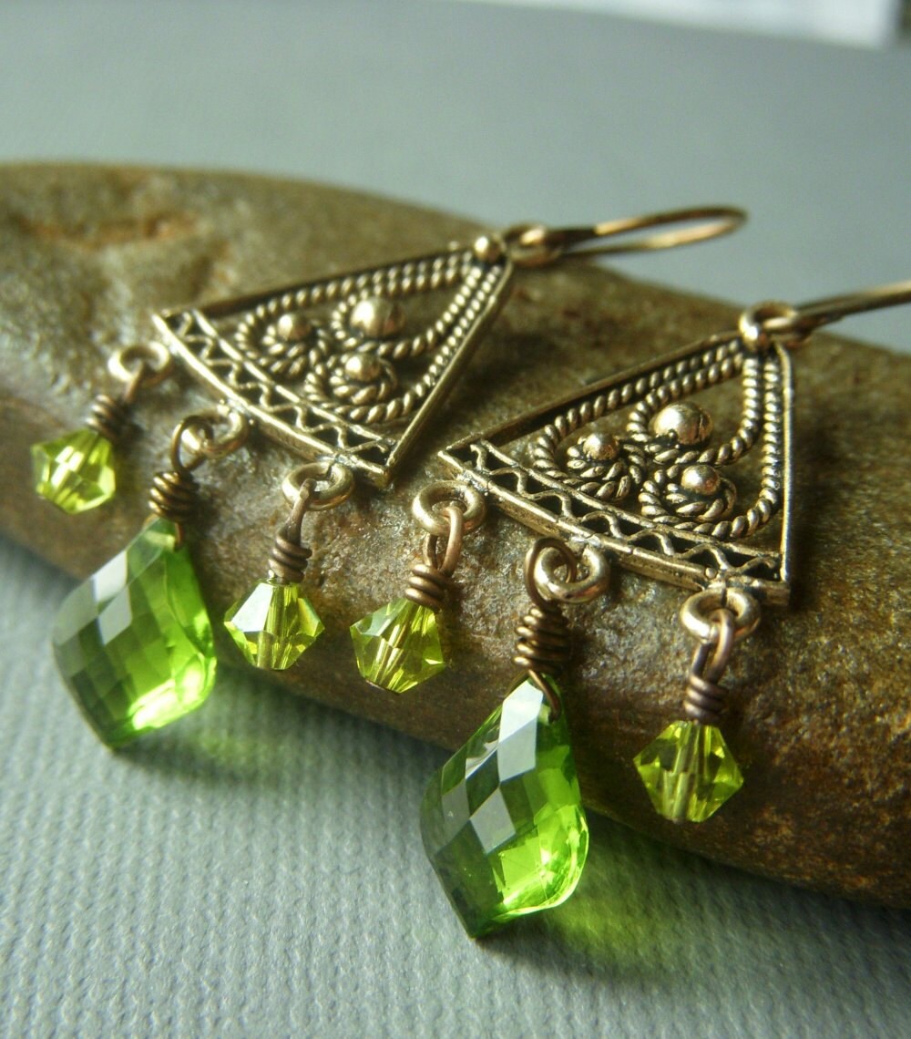 Green Quartz Earrings on Israeli Bronze . Crystal by beadstylin