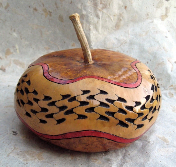 Handcarved Gourd Box with Lid Natural tan red stripes