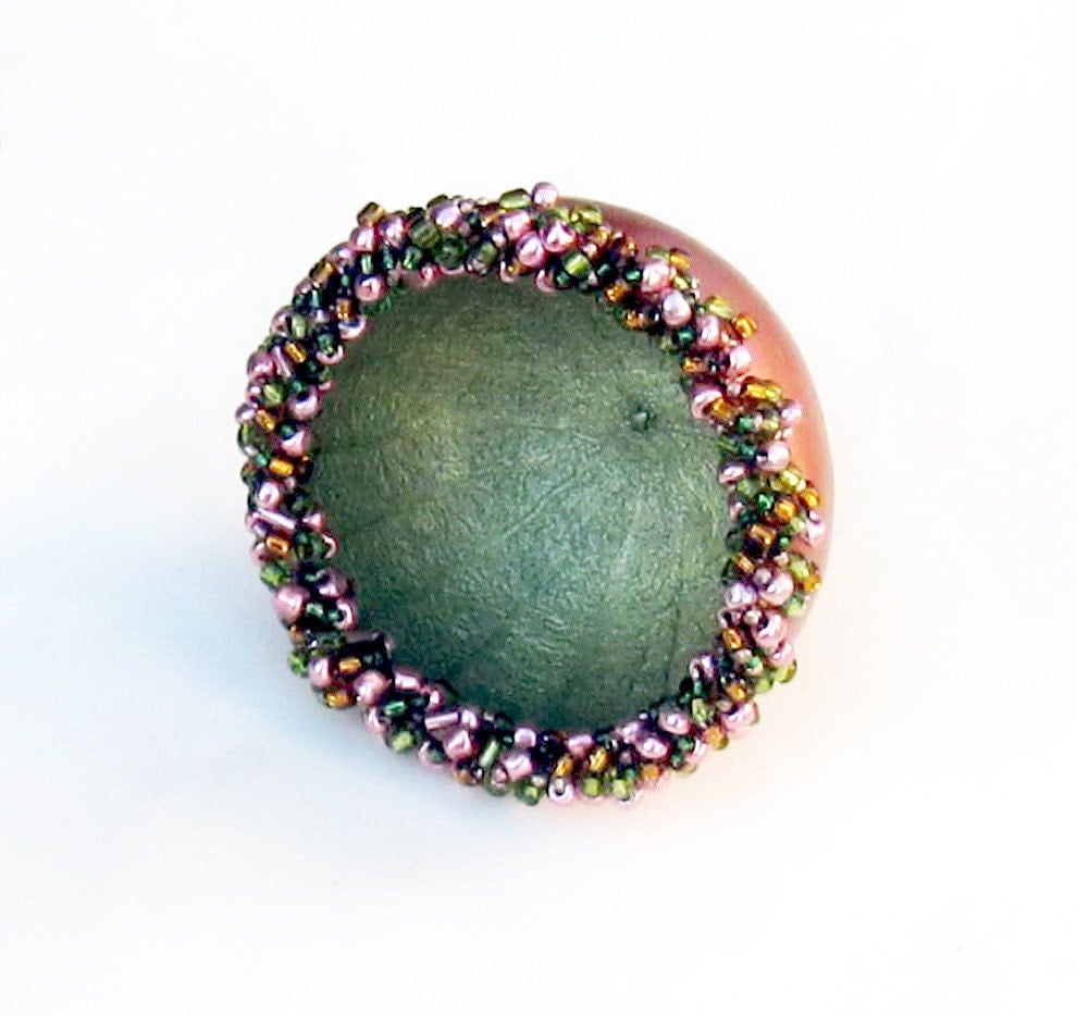 Beaded Gourd Basket Bowl Copper Moss Green with Sparkling