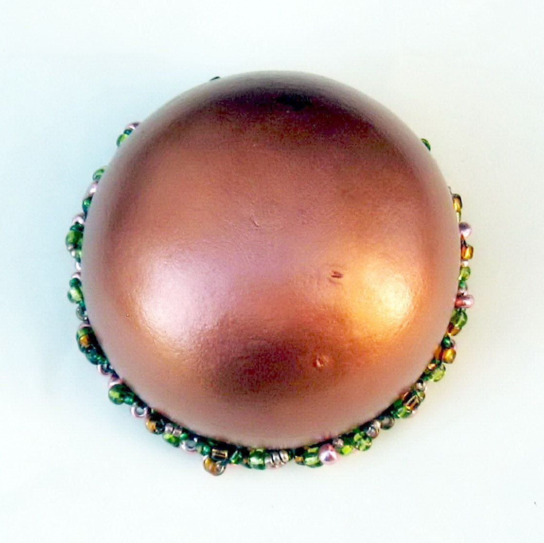 Beaded Gourd Basket Bowl Copper Moss Green with Sparkling