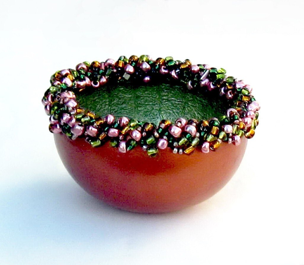 Beaded Gourd Basket Bowl Copper Moss Green with Sparkling