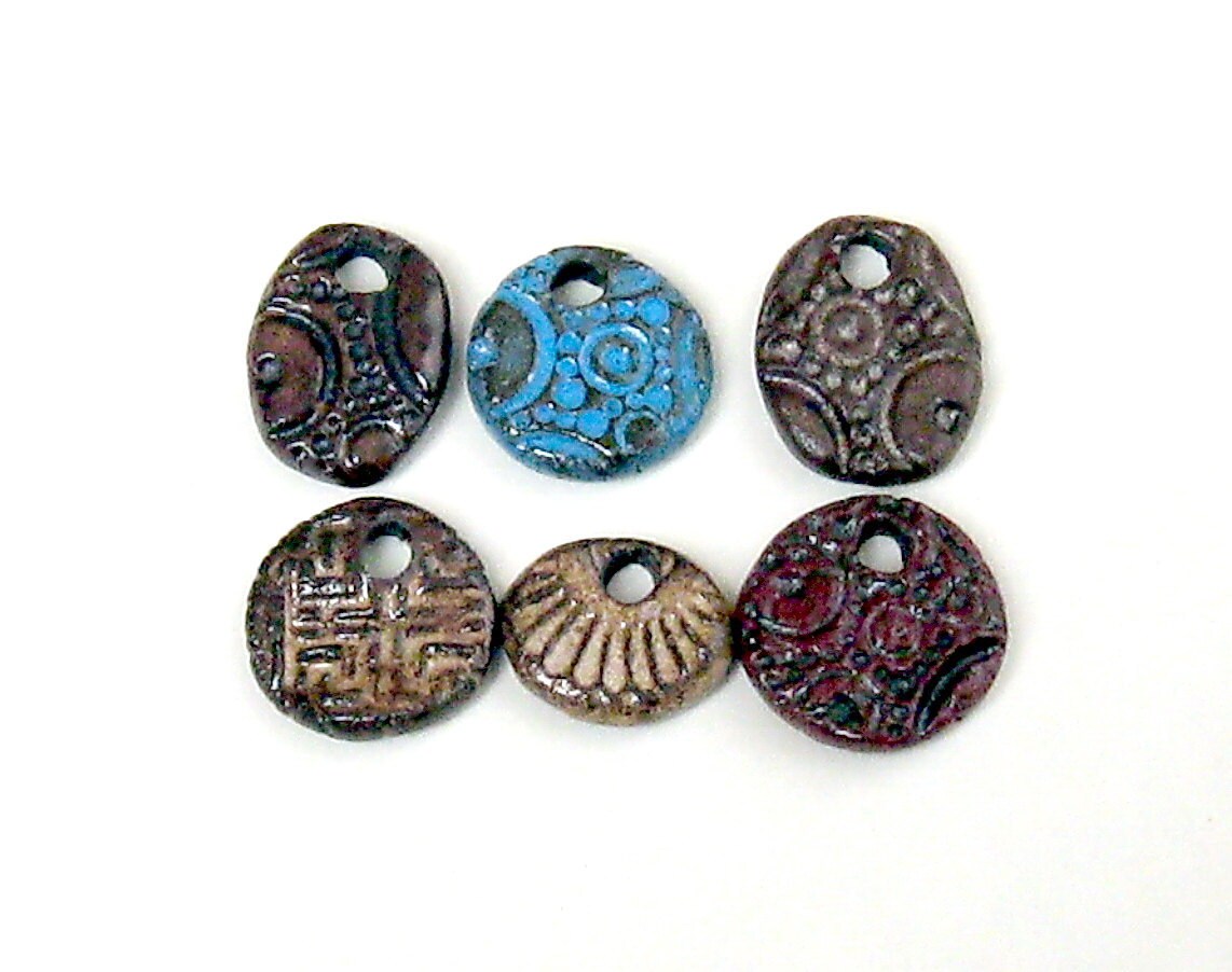 6 Pendants Reversible Pottery Jewelry Focal Ceramic Stoneware