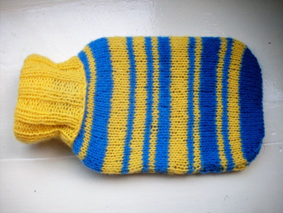 Fun hot water bottle and hand knitted knit cozy by SpinningStreak