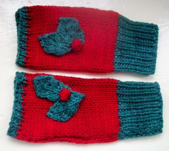 Festive fun holly handwarmers merino wool by SpinningStreak