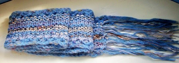 Wool scarf extra long knit light blue cream by SpinningStreak
