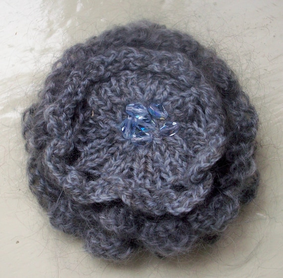 Beaded Corsage Flower Pin  knit silver gray by SpinningStreak