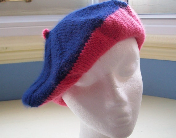 Knit beret alpaca tam pink navy by SpinningStreak on Etsy