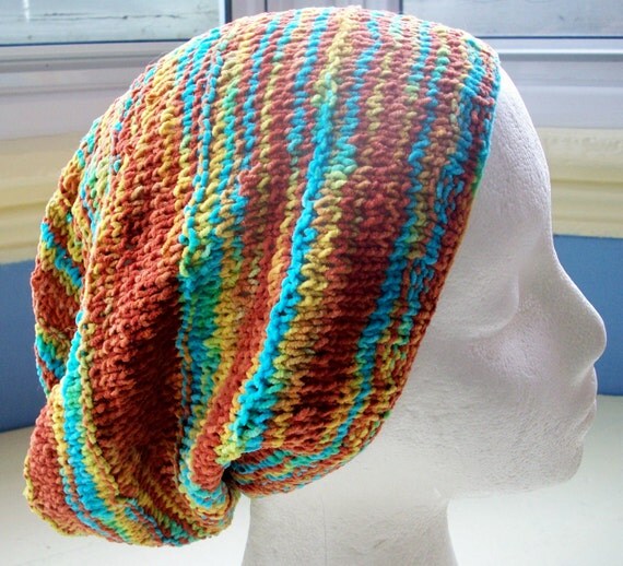 Fun hand knit cotton chenille slouchy beanie hat by SpinningStreak