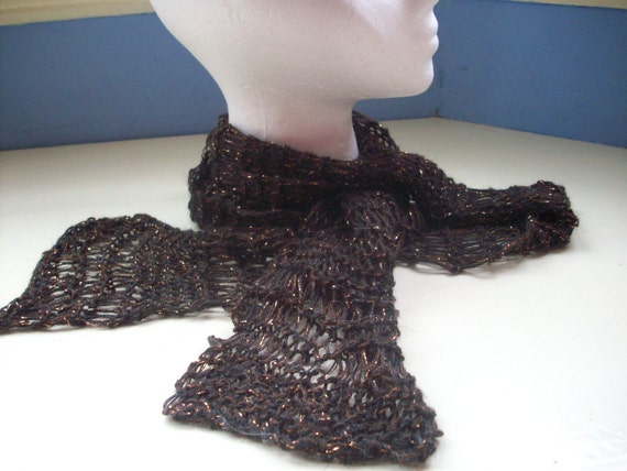 Hand knit scarf  Chocolate brown sparkle by SpinningStreak on Etsy