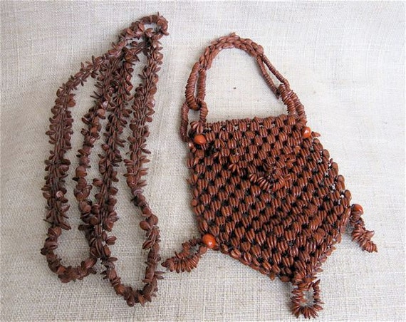 Vintage Hawaiian Koa Seed Purse and Lei Necklace