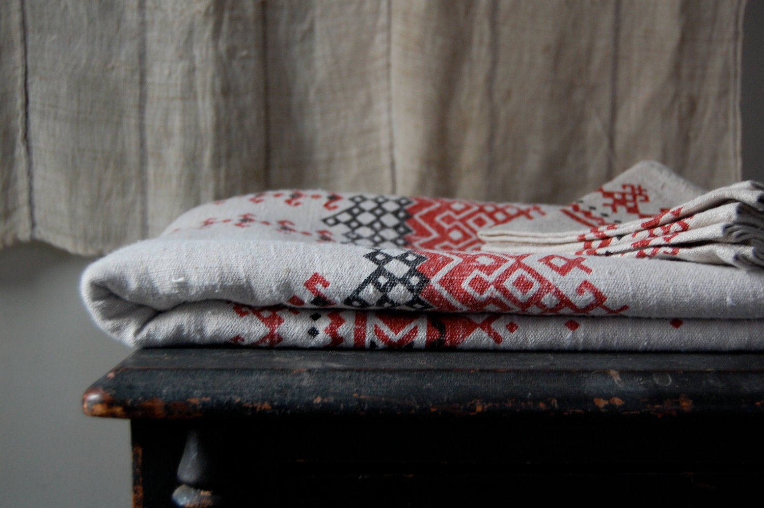 vintage folk linen tablecloth and napkin set by enhabiten on Etsy