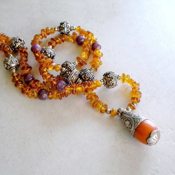 Ruby Amber and Silver Necklace with Tibetan Pendant Tribal