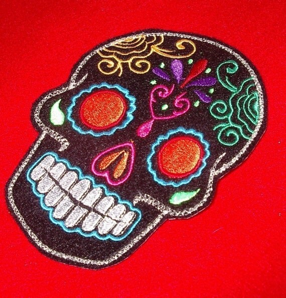 Day of the Dead, Black Sugar Skull Embroidery Patch orange eyes
