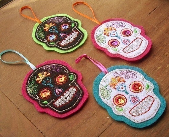 Sugarskull Day of the Dead Tree Ornament Set of 4
