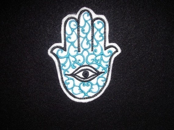 Hamsa, Chamsa, khamsa embroidered iron on patch turquoise and black