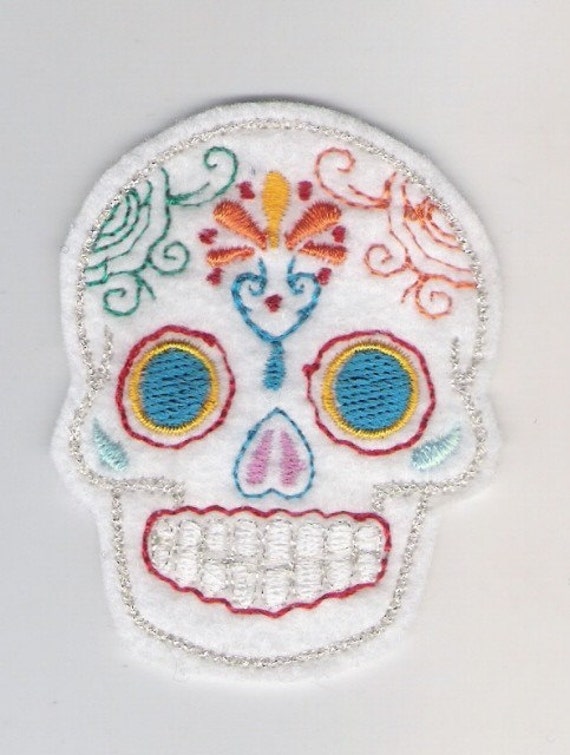 Mini Mexican Sugar Skull embroidery patch blue eyes white
