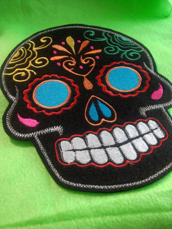 XL Sugar Skull EMBROIDERED patch multi blue eyes Day of the Dead