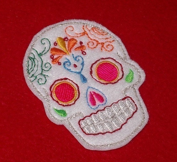 Mini white Mexican Sugar Skull embroidery patch