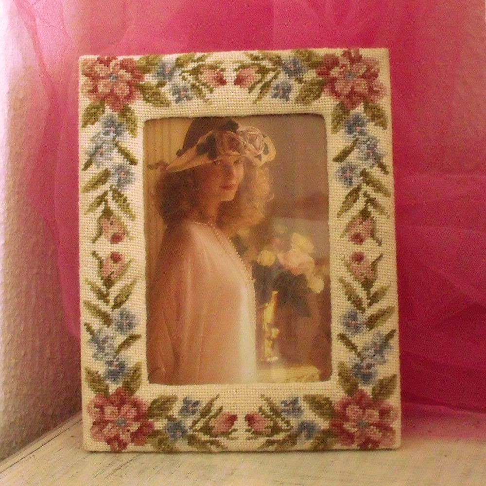 Vintage flowers Needlepoint frame embroidered