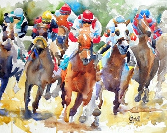 Final Turn Horse Racing Art Print of Original Watercolor Painting - 11x14