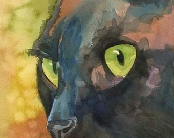 Black Cat Art Print of Original Watercolor Painting 8x10 Signed by Artist