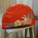 Vintage Red Clutch Wicker Applique 1970s half circle vinyl Purse