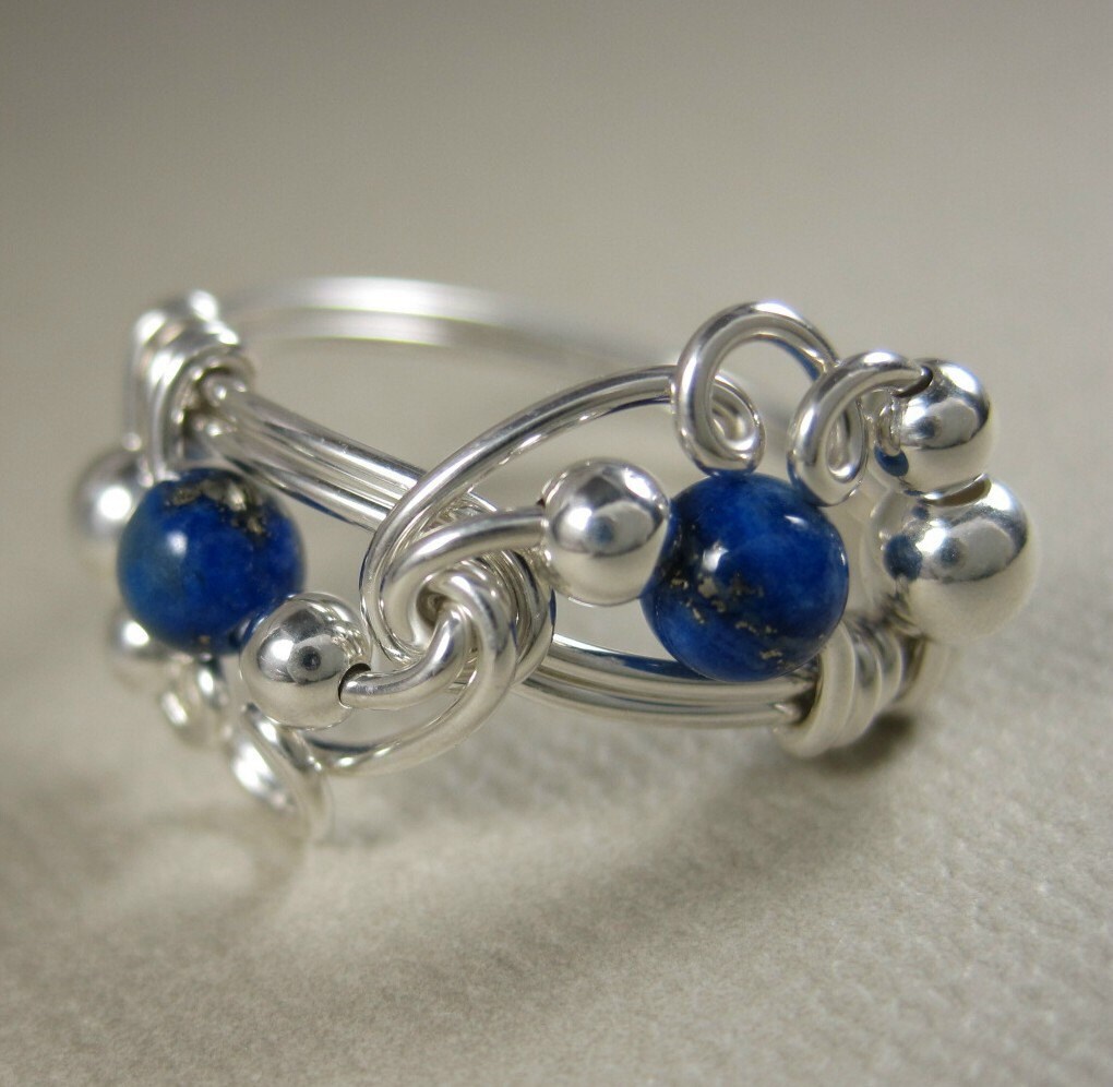 Lapis Lazuli Ring Wire Wrapped Sterling Silver Mardi Gras