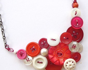 Pomegranate Pink and White Vintage Button Statement Necklace