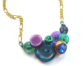 Cool Little Jewel Fashion Vintage Button Necklace with Purple, Blue, and Kelly Green