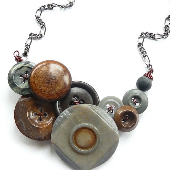 OOAK Funky Button Necklace in Charcoal Gray by buttonsoupjewelry