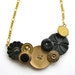 Brassy Gold and Black Flowers Classy Vintage Button Bib Necklace