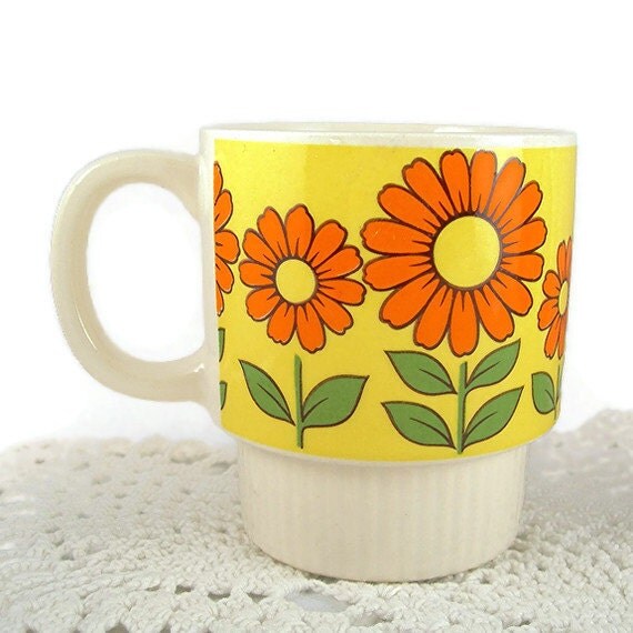 Vintage Retro Coffee Cups Set of Two Stacking Yellow Orange