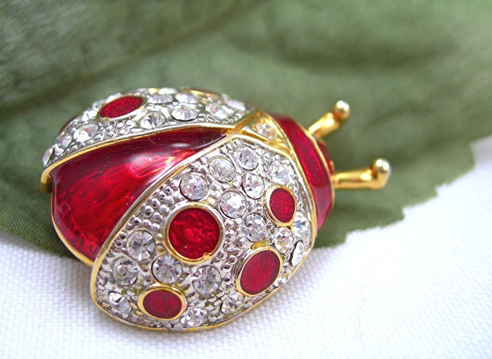 Vintage Ladybug Brooch Pin Rhinestones