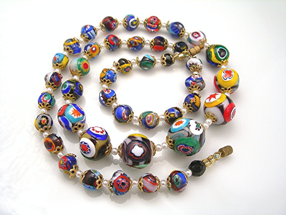 Necklace Millefiori Colorful Glass Beads Vintage