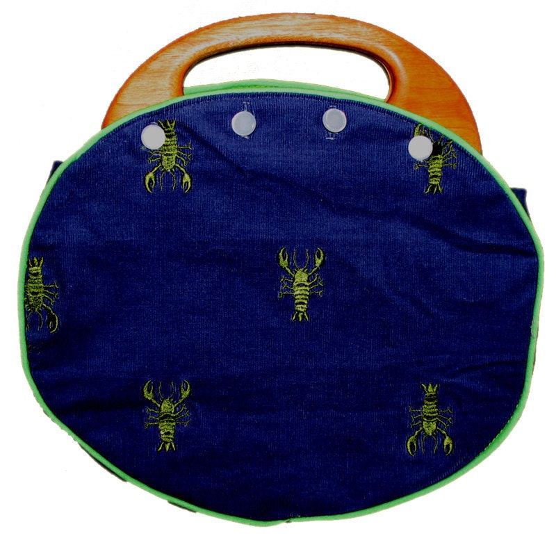 Ladies Bermuda Bag in Vintage Lilly Embroidered GREEN Lobsters