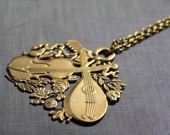 Music necklace retro brass renaissance vintage long chain violin mandolin
