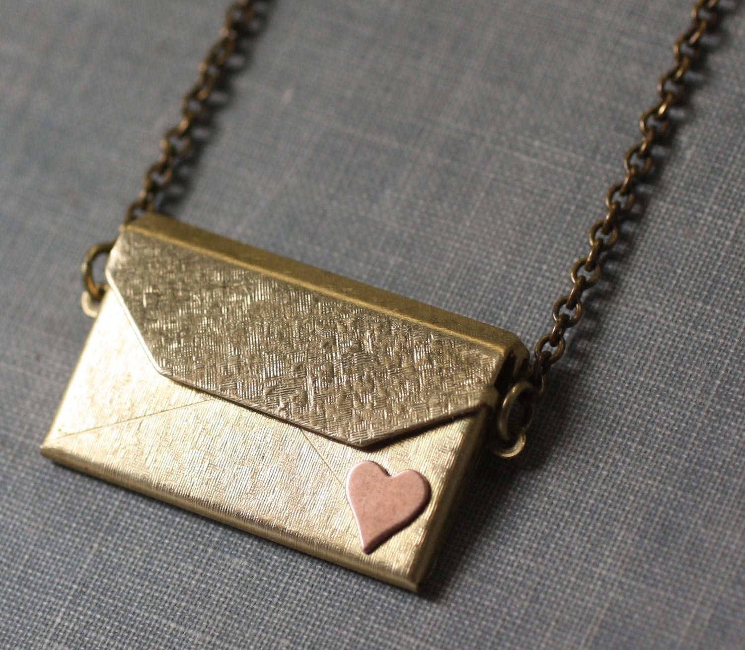 Envelope locket necklace I love you brass copper heart retro