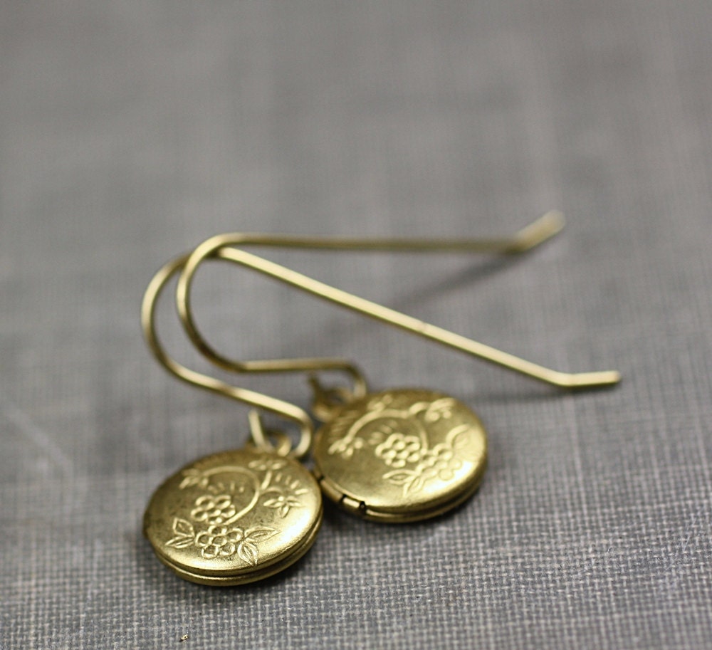 Locket earrings vintage brass floral engraved petite