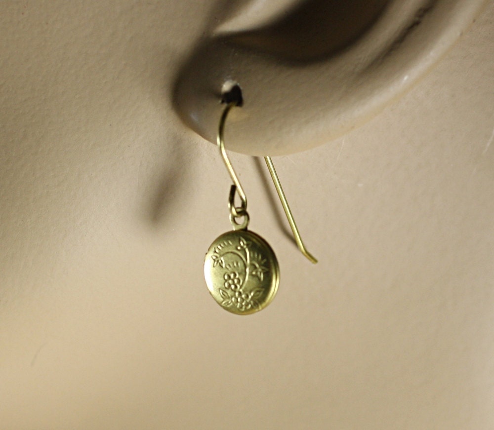 Locket earrings vintage brass floral engraved petite