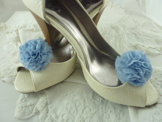 Items similar to Shoe Clips Wedding Pom Pom Powder Blue Crepe-de-Chine ...