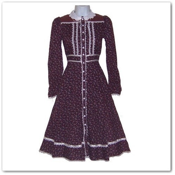 Vintage 70s Gunne Sax Burgundy Prairie Dress Teen Petite XXS