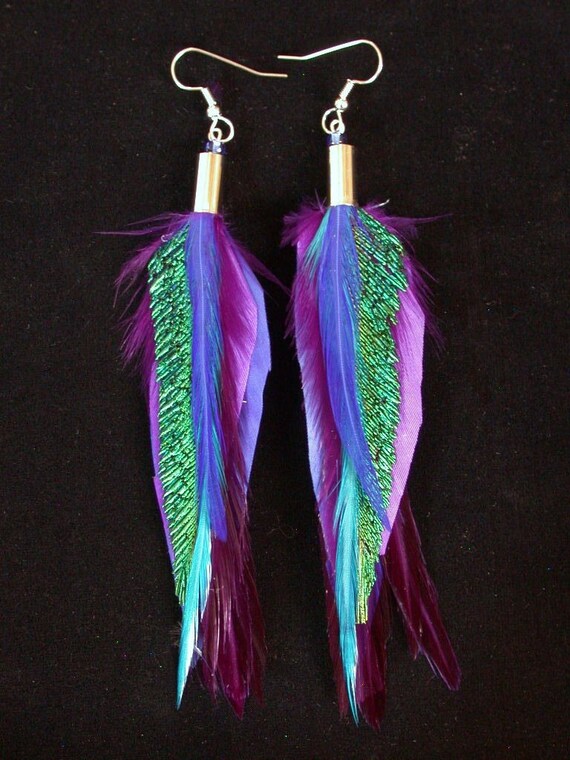 Rich Purple Feather Earrings With Peacock Accent Feathers 0581