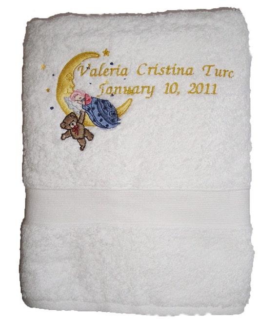 White Bath Towel Custom Embroidered Baby on Moon Embroidery