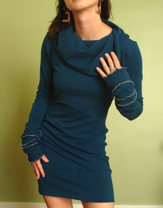 cowl tunic dress/extra long sleeves/ Teal