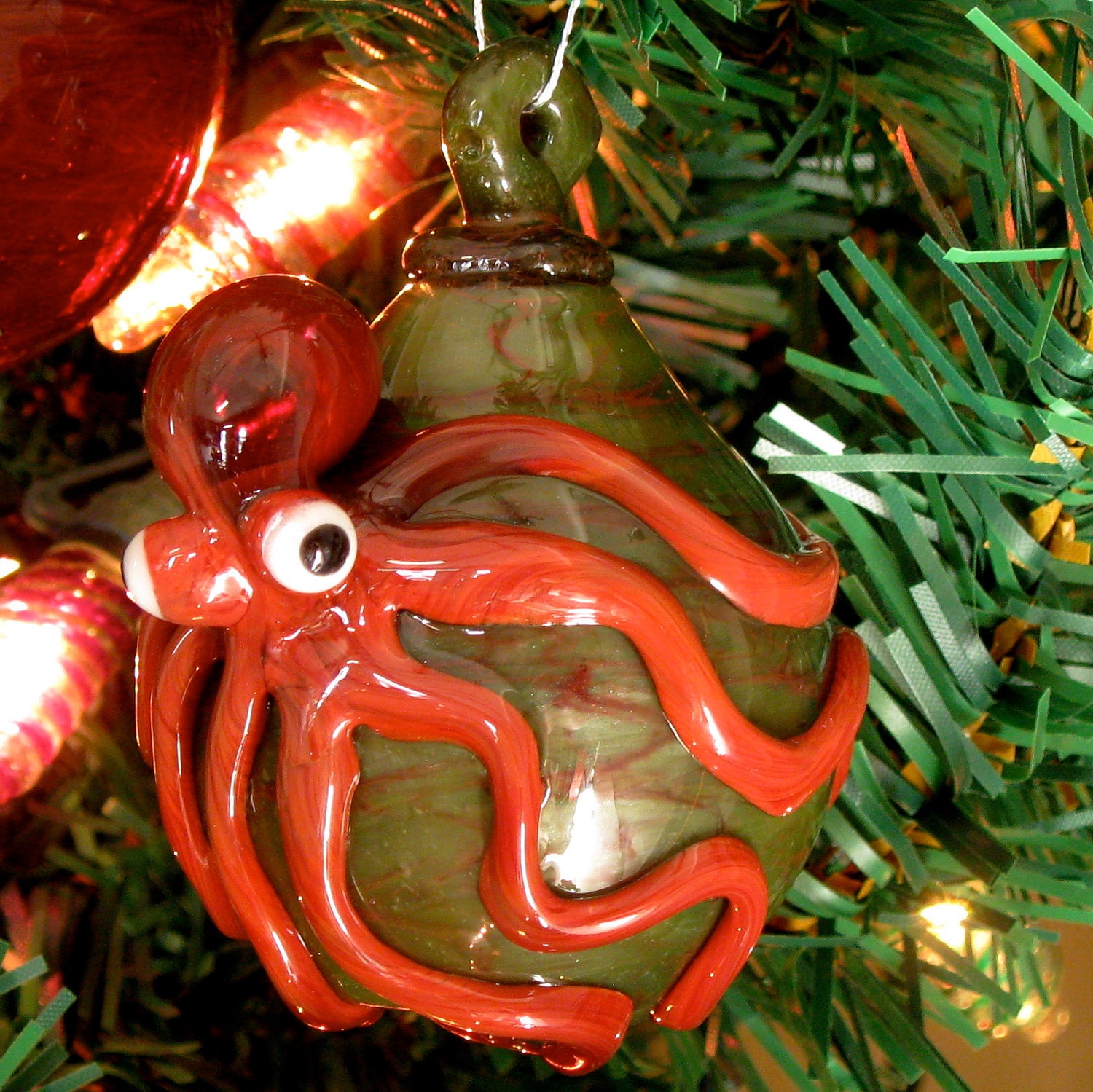 Octopus Ornament Hand Blown Glass in Red and by FullBlownGlass