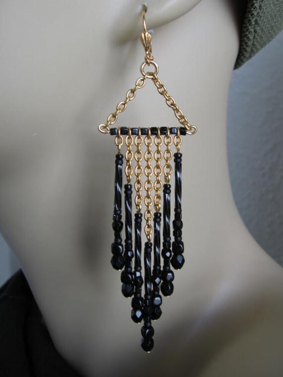 Black Bugle Bead Chain Earrings Black