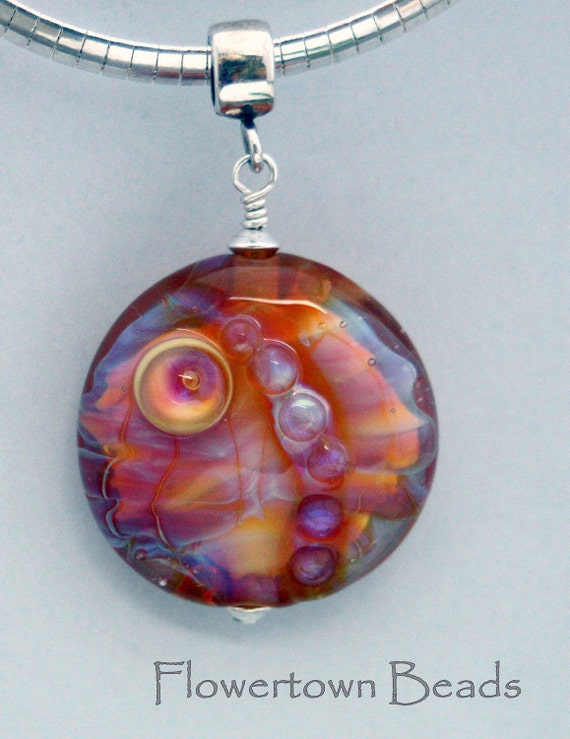 Lampwork Pendant, Encased Lentil Silver Glass, Pinks, Cream & Blue, SRA