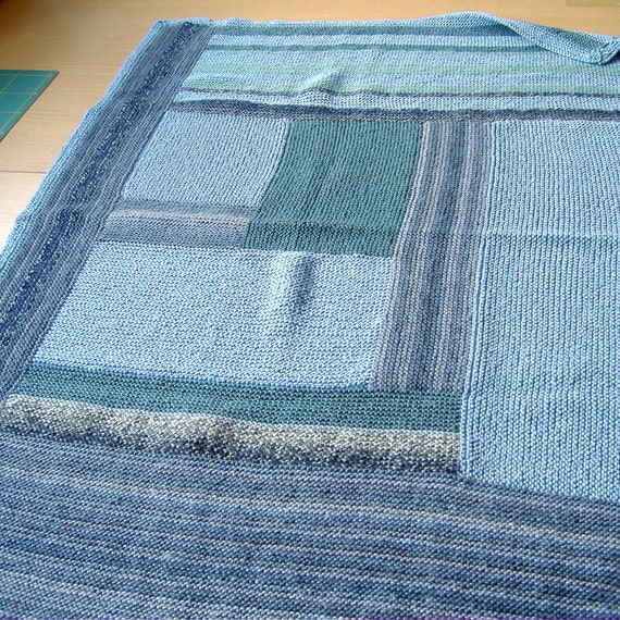 Log Cabin style hand knitted Baby Blanket Blues and Greys.
